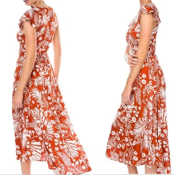 Arnhem Orange and White Tropical Floral Midi wrap Dress - Picture 4 of 9